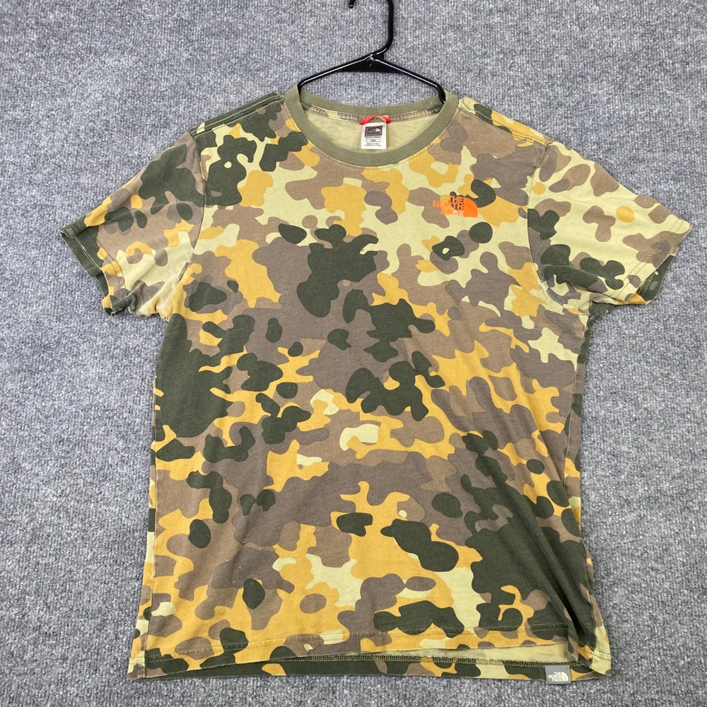 The North Face Mens Camo T-Shirt Orange Box Logo Graphic Tee Green Brown Medium